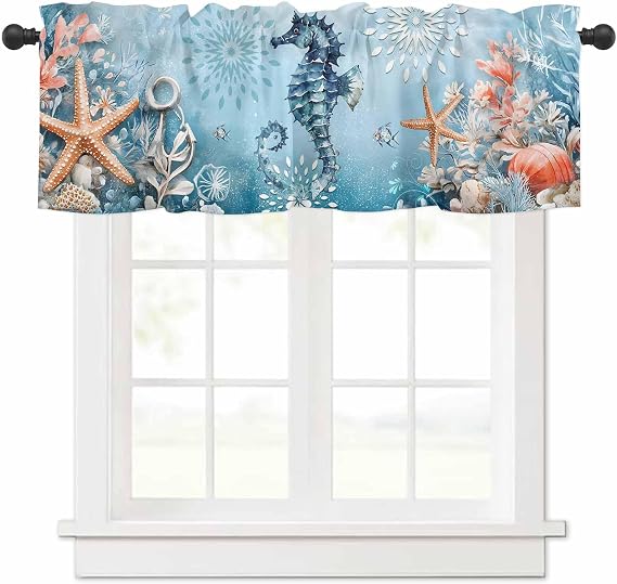 Blue Coastal Seahorse Valances for Windows, Summer Beach Kitchen Curtains Window Treatment, Nautical Starfish Botanical Rod Pocket Short Window Valances for Living Room/Bedroom, 42" x 12"