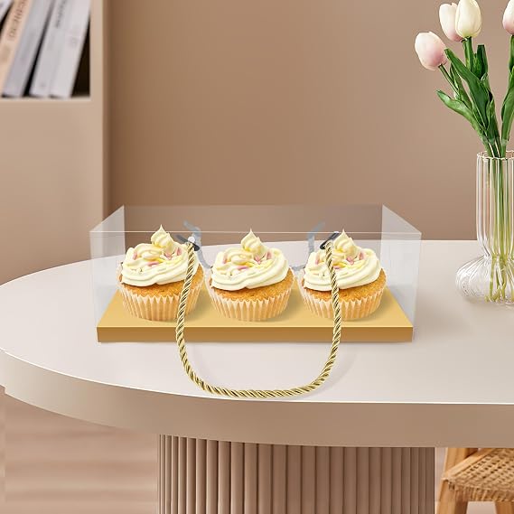 20Pcs Clear Cupcake Containers Boxes - 3 Hole Standard Cupcake Holders with Handle for Muffin, Party, Wedding, Cake Shop (Gold)
