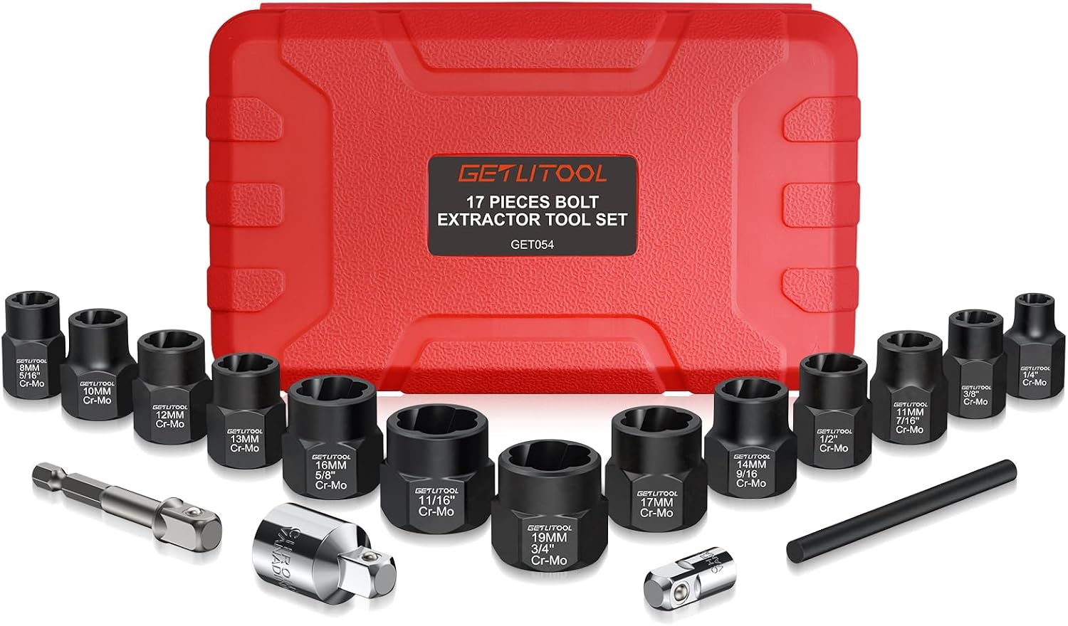 GETLITOOL Impact Bolt Extractor Tool Set of 17 42CR-MO Impact Bolt & Nut Remover Set with Storage Case and Nut Extractor Socket with Adapter for Auto Repair, Machine Maintenance, Metric, SAE