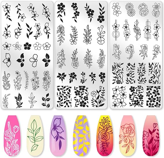3Pcs Minimalist Floral Nail Stamping Plate Set, Delicate Line Rose Daisy Wildflower Vine Stainless Steel Nail Templates with Stamper & Scraper, Reusable DIY Manicure Tools