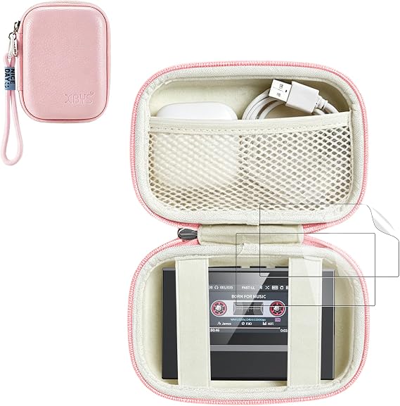 SnowSky/FiiO Echo MINI MP3プレーヤー用キャリーケース – ストラップスタイル収納ケース ソフトスクリーンプロテクター2枚付き ハードシェル保護トラベルバッグ | 防水、耐摩耗性、耐衝撃、ピンク