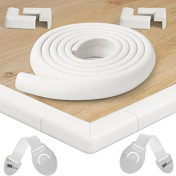 Happy Chlea Baby Corner Protector - Kit 2.4 m Total Coverage with 4 Corners and 1 Roll Edge Protector + 2 Safety Locks for Drawers, Child Protection for Table and Furniture