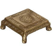 Brass Traditional Pooja Chowki Lotus Engraved 3.5 Inches for God Idols, Temple Decor, Antique Yellow God's Stool - Puja Articles