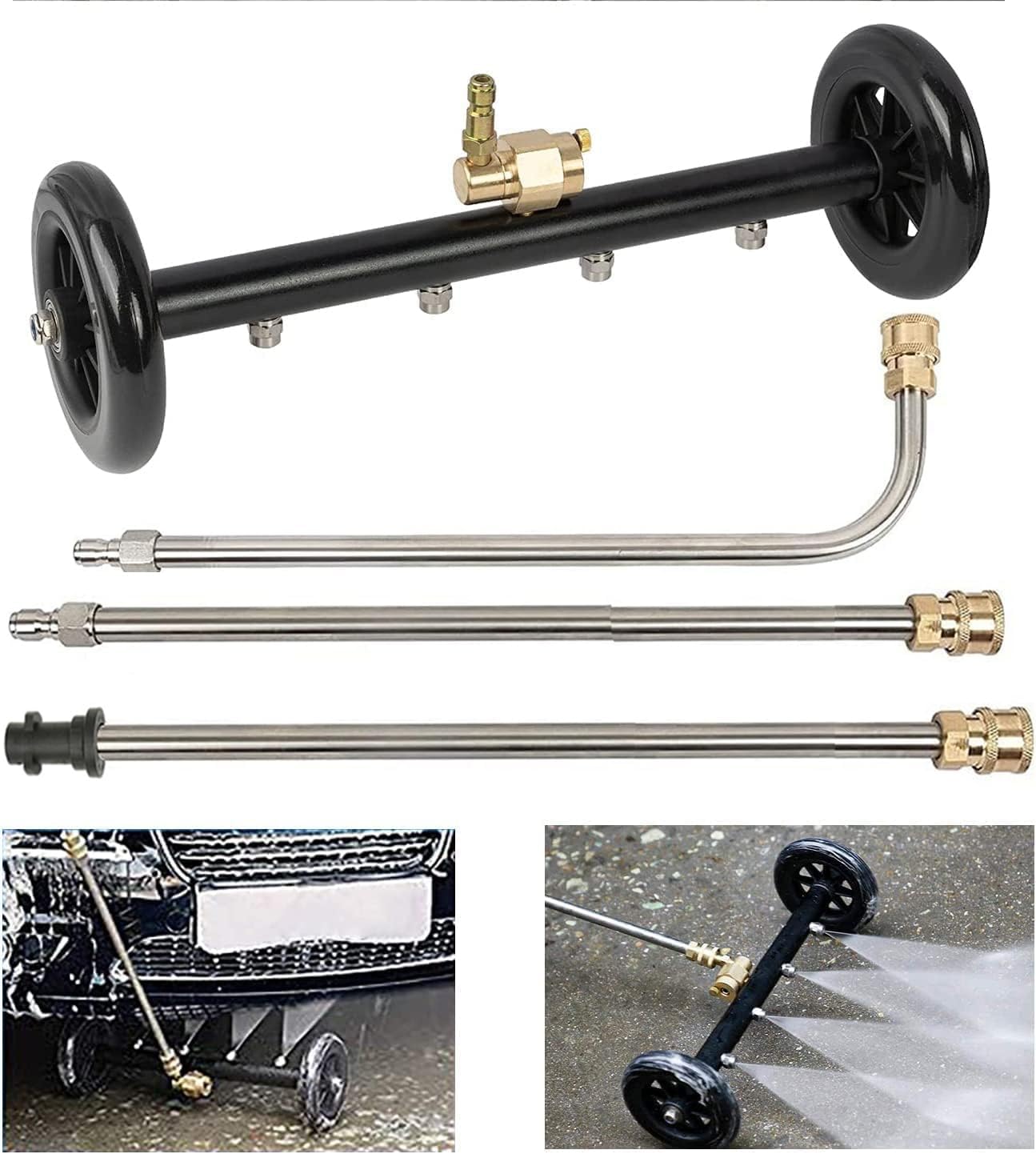 16" Dual-Function Undercarriage Cleaner with Karcher Adapter,Pressure Washer Surface Cleaner, Underbody Car Wash Water Broom, Includes 3-Piece Extension Wand Set, 4000 PSI