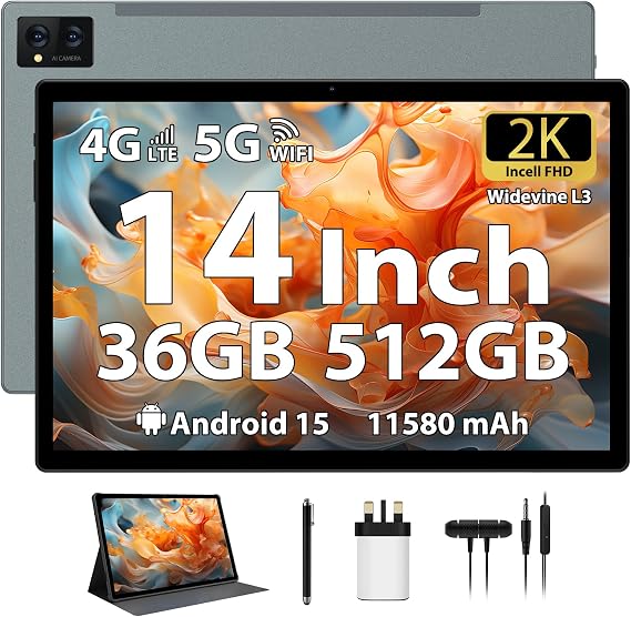 FLYCOAY 14 Inch Tablet Android 15 Gaming Tablet 36GB+512GB/TF 2TB, Octa-Core, 11580mAh, 4-speaker, 13MP Camera, Large Screen with Dual SIM 4G LTE/5G WiFi/GPS/13MP/Case/Stylus/Earphone-Gray