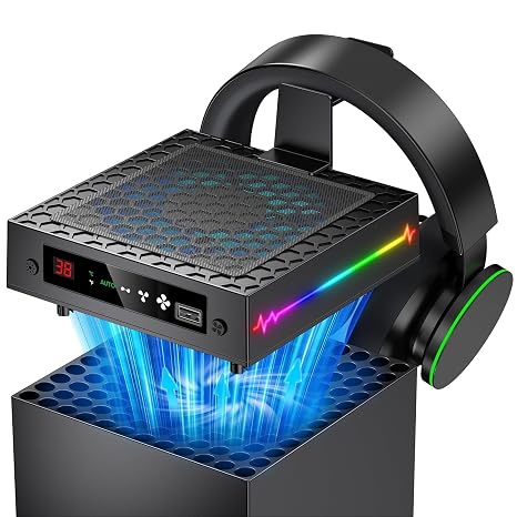 LED Display Automatic Cooling Fan for Xbox Series X, 9 RGB Light Modes and Dust Cover, Temperature Control with Cooling System, Xbox Series X Console, Cooler & Headset Hook, 4 Gear for USB Port