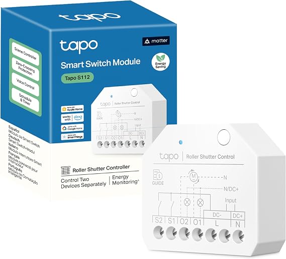 Tapo S112 2 Channel WiFi and Bluetooth Smart Relay Switch - 6A Shutter and Light Control with Power Consumption Measurement Matter Compatible Remote Control via App No Hub Required