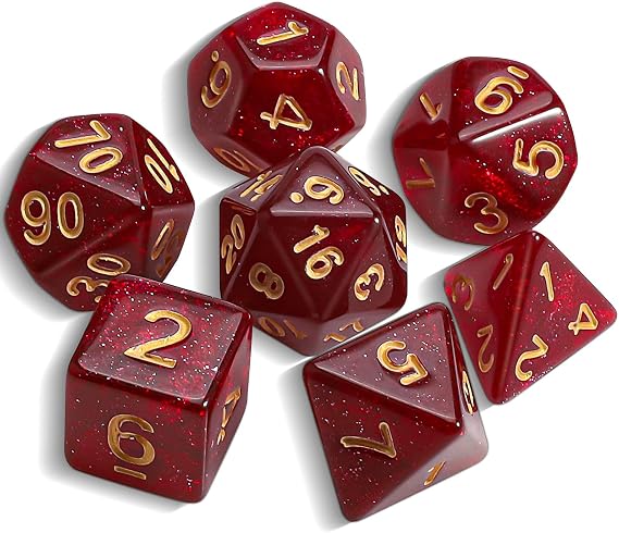 QMAY Polyhedral Game Dice - 7 Pieces Dice (Red + Glitter)