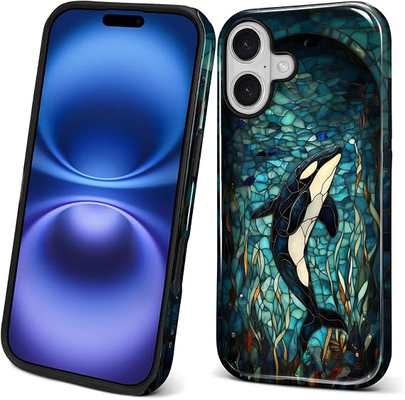 iPhone 17用ケース、ハイブリッド デュアルプロテクション ソフトTPU + ハードPC 耐衝撃カバー 傷防止 & スリム 保護 男女兼用 ケース ステンドグラス クジラ シャチ デザイン