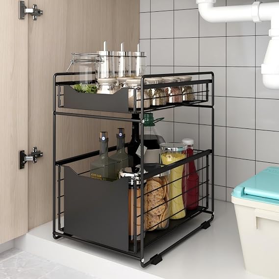 2 Tier Pull Out Under Sink Storage Organiser, Black