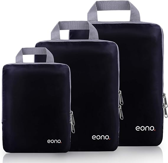 Eono Compression Packing Cubes, Luggage Organiser Set, Extensible Suitcase Organiser, Packing Organisers for Suitcases, Packing Cubes for Travel or Home Storage - Black, 3 Set