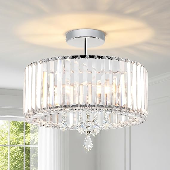 ANWIO Crystal Ceiling Lights,3-Light Modern Chandeliers Ceiling Lights Living Room,Round Semi Flush Mount Ceilings Light for Hallway,Bedroom,Kitchen,Bathroom,Dia 36.5cm,(E27 Base)