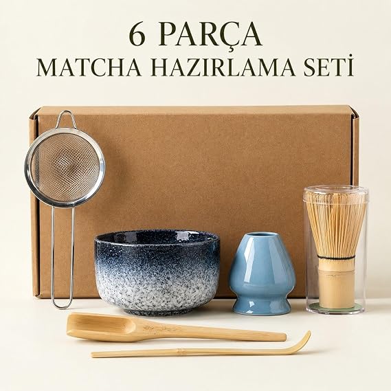 Valkyrie 6 Parça Matcha Hazırlama Seti Bambu Çırpıcı Seramik Kase Süzgeç Ölçü ve Kaşık Mavi