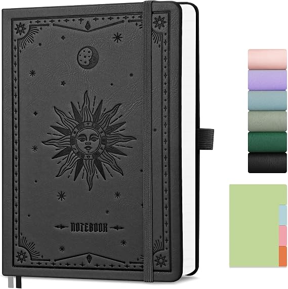 EMSHOI A5 Lined Notebook, Hardcover Leather Notepad, 192 Pages, Black