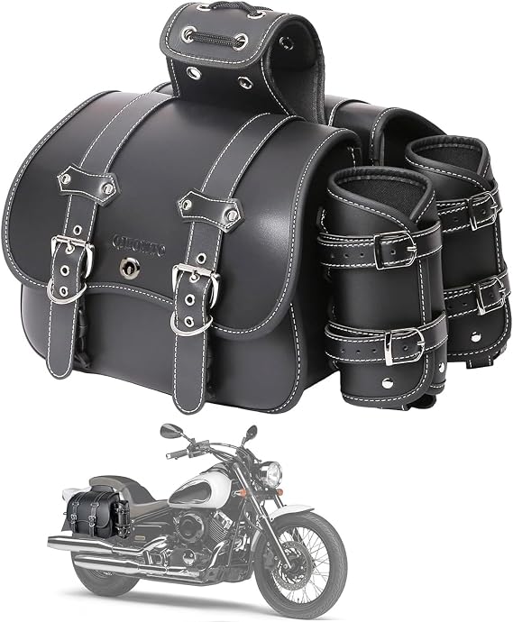 High-Density Leather Motorcycle Saddlebags- Throw Over Saddle Bags,Panniers Side Bags with Cup Holder,Harley Sportster Waterproof, Side Tool Bag,Storage Tool Bag for Motorbike,Universal,1 Pair,M,Black