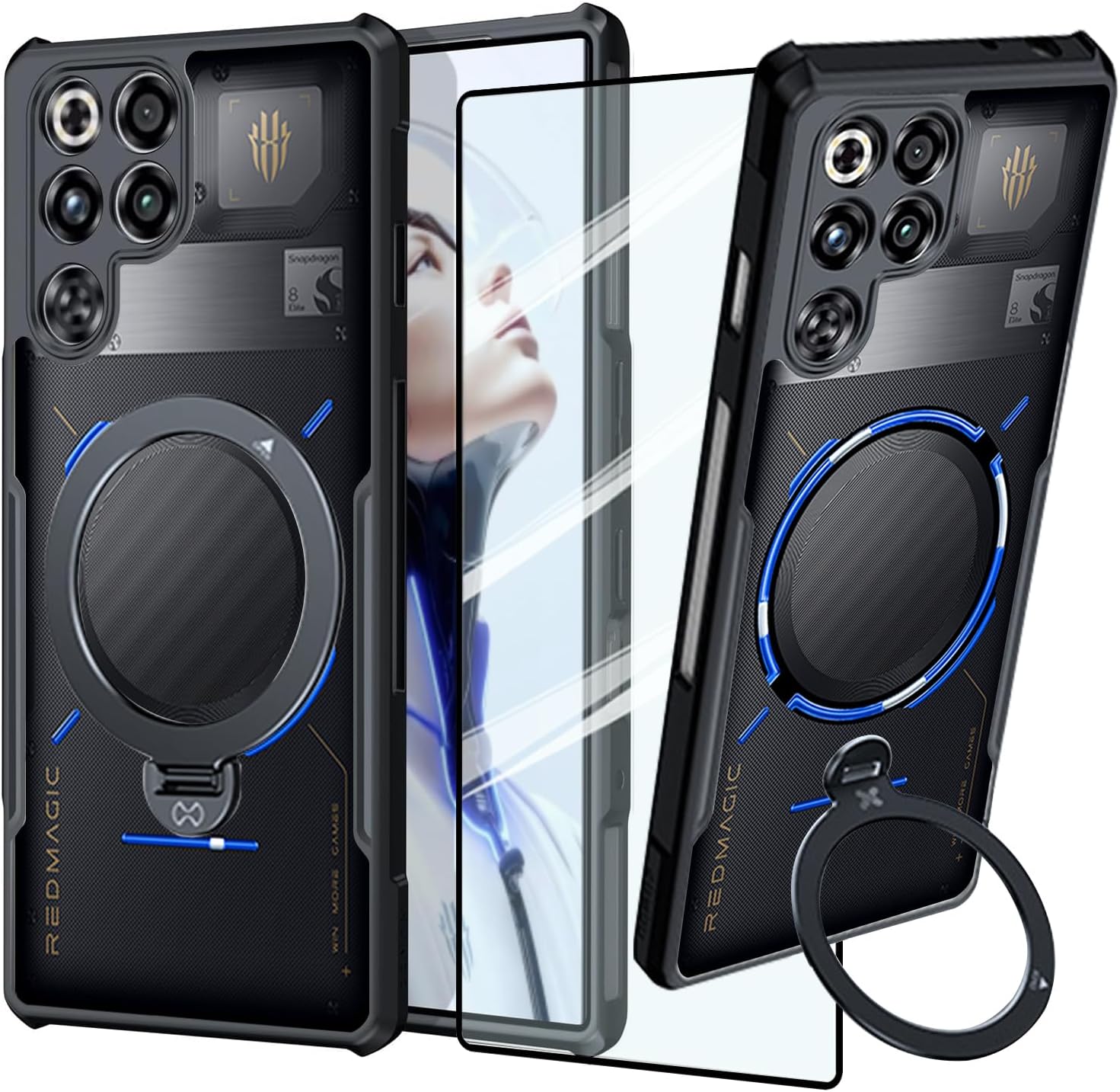 Gaming Case for Red Magic 11 Pro  11 Pro Case with Ring Stand Holder, Military Grade Airbags Shockproof Drop Protection Soft TPU  Hard PC Back Cover [1 Tempered Film], Stand Black
