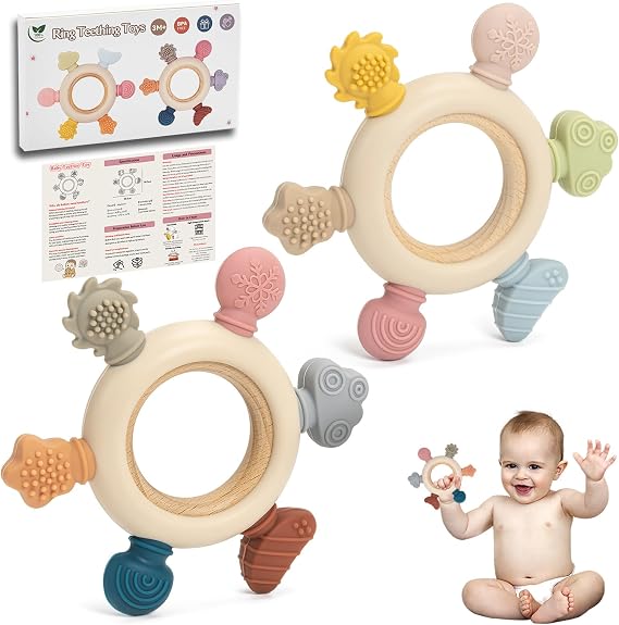 Dzpuhuojz 2 Pack Teething Ring Toys for Baby, Silicone BPA Free Teether