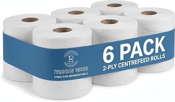 REQUISITE NEEDS CENTREFEED Rolls 2 PLY Paper Towels Hand Towel Tissue Premium Quality Wall Mounted Lockable Rolls 100m (Pack of 6, White)