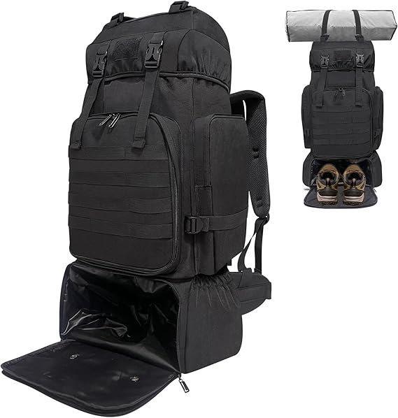 Hiking Backpack, 80L Molle Military Tactical Rucksack, Camping Backpack with Shoe Compartment, Lightweight Rucksack for Men, Water Resistant Travel Backpack Survival Bag Hiking Bag (Black)