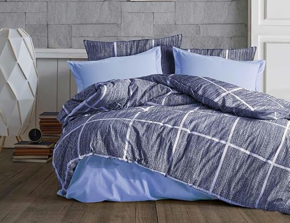Lüks%80 Pamuklu Çift Kişilik Nevresim Takımı Seti Yorgan Kılıfı Mavi Lacivert Kare Beyaz Çizgi Desen 200x220 cm + Lastikli Battal Boy Çarşaf 180x200x30 cm +2 Yastık Kılıflı 50x70 cm