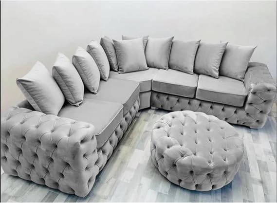 Ashley Chesterfield Velvet Upholstered Sofa with Scatter Cushions – Elegant Back Design, Comfortable Seating for Living Room, Lounge, or Office (Silver)