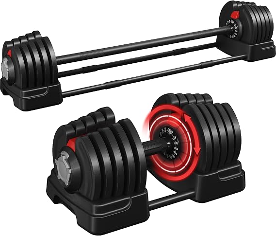 Yaheetech Adjustable Dumbbell & Barbell, Quick-Adjust Dumbbells Black & Red