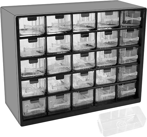 25 Drawers Stackable Storage Cabinet with 50 Removable Dividers, 29.3x22.5x12.3cm Clear Desk Organizer for Hardware Craft Tools, Drawer Parts Containers Cabinet (black)