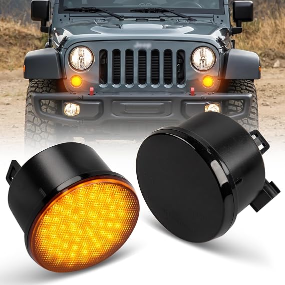 2Pcs LED Front Side Indicator for Jeep Wrangler JK 2007-2015, Amber LED Turn Signal Light Repeater, Canbus Design Error Free Side Marker, Smoked Lens