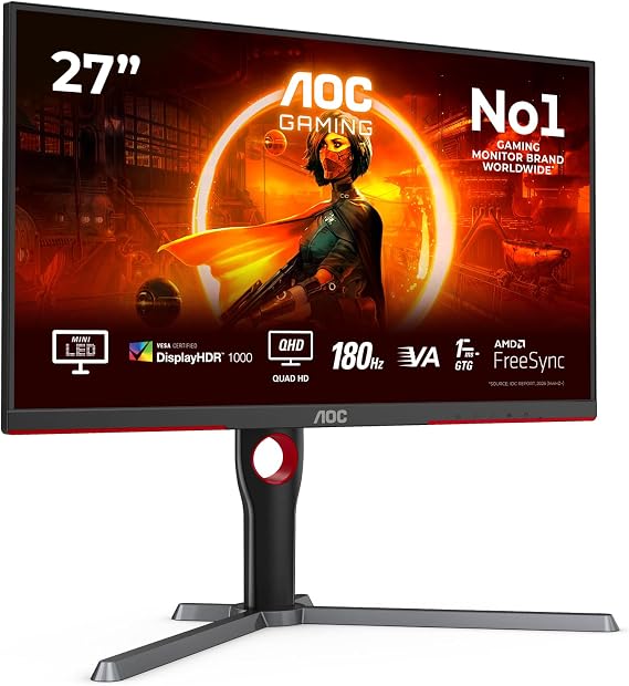 AOC Gaming Q27G3XMN - 27 Inch QHD Monitor, Mini LED, 180Hz, 1ms, GTG, HDR1000, Height Adjust, G-manu (2560 x 1440, 700 cd/m, HDMI 2.0 / DP 1.4)