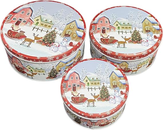 Christmas Tins Christmas Biscuit Tin Metal Nostalgic Christmas Decoration Pastry Tin Cookie Tins Tin Tins with Lid Christmas Tableware Set Biscuits Cookies Gingerbread Storage Round (A)