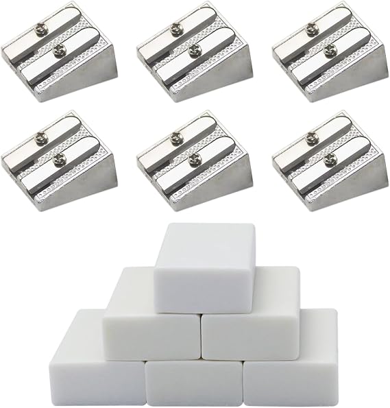 12Pcs Metal Pencil Sharpener and Eraser Set, 6Pcs Double Hole Pencil Sharpener & 6Pcs Pencil Erasers for Home School Office Supplies