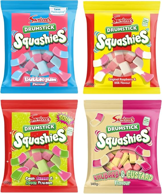 Squashies Mix Sweet Bundle - 4 Packets Of Squashies Sweets Sharing Bags (4x120g) - Bubblegum, Original, Sour Cherry &amp; Apple, Rhubarb &amp; Custard