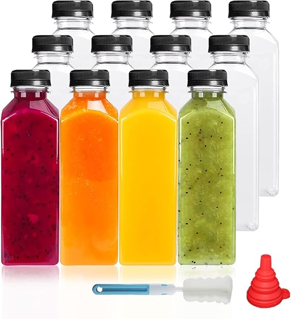 YBCPACK 12 Pack 500 ml Clear Plastic Juice Bottles with Lids for Mini Fridge, 16 oz Empty Reusable Drink Containers for Smoothie, Milk, Juicing, and Other Drinkings.