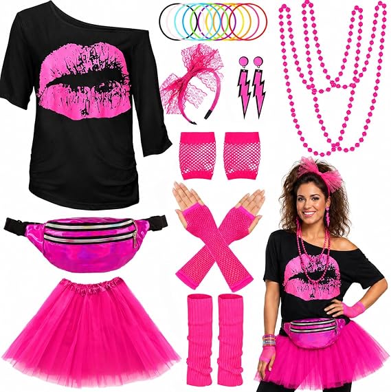 WILDPARTY 80s Outfit Women's Set T-Shirt Tutu Belt Bag Headband Earring Necklace Mesh Gloves 80s Clothing Costume Neon Accessories Clothes-80SMouth-Pink-L Made in China