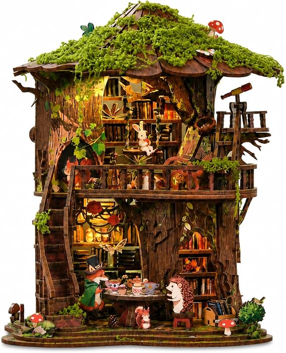 Roroom 3Dパズル 大人用 ウッドランドツリーハウス 図書館 ブックヌークキット LEDライト付き 木製 DIY ミニチュアハウスキット 本棚の装飾用 クリエイティブクラフトギフト ティーン、家族、友人へのギフト