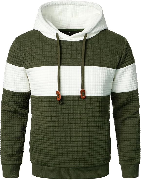 HOOD CREW Men’s Sweatshirts Long Sleeve Pullover Patchwork Plaid Jacquard Hoodie Casual Drawstring Hoody Top