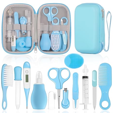 DEPAR Baby Care Set 13-Piece Set Baby Care Set Newborn Equipped with Baby Nail Scissors Baby Brush and Other Different Baby Safety Sets Baby Daily Care Essentials (Blue)