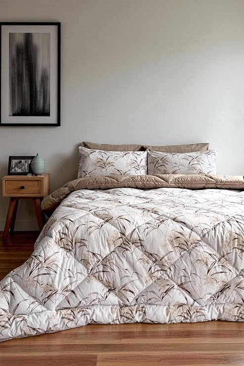 Alla Turca Double Double Double Bed with Pillowcase and Elastic Sheet Double Sided Patterned Sleeping Set-Natura Coffee with Milk