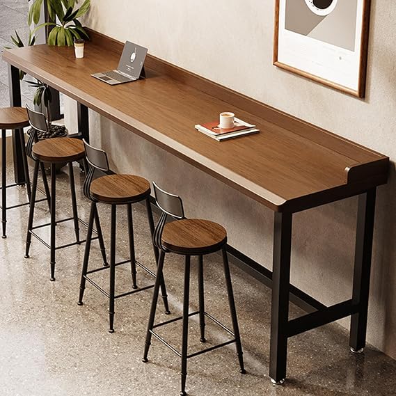 Solid wood bar table with a backrest and footrest, retro-style high island counter, suitable for living rooms, cafes, and dessert shops Walnut 120 * 45 * 105cm