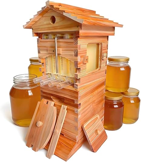 Bee Hive Starter Kit, Premium Wood Beekeeping Box with 7 Flow Frames,Easy Assembly Beekeeping Starter Kit, Moisture-Proof & Weather-Resistant for Climate
