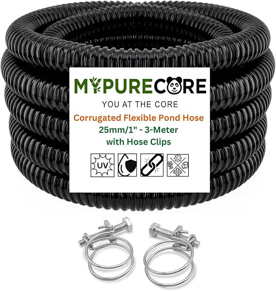 MYPURECORE 25mm / 1" Corrugated Flexible Pond Hose Pipe – Black PVC Water Tubing with Double-Wired Clips – for Pond Pumps, Filters, Waterfalls, Fountains & Drainage – Multiple Lengths (3-Meter)