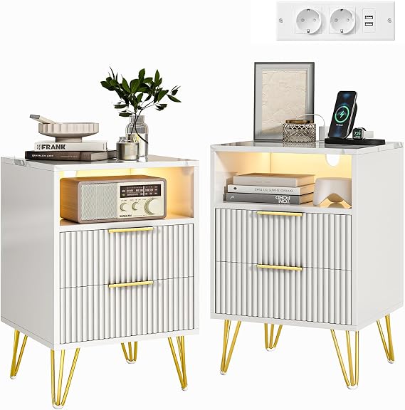 Bedside Table Set of 2 with LED Lighting and Charging Station Bedside Cabinet with 2 Drawers and Open Compartment Side Table Sofa Table for Living Room Bedroom (White)