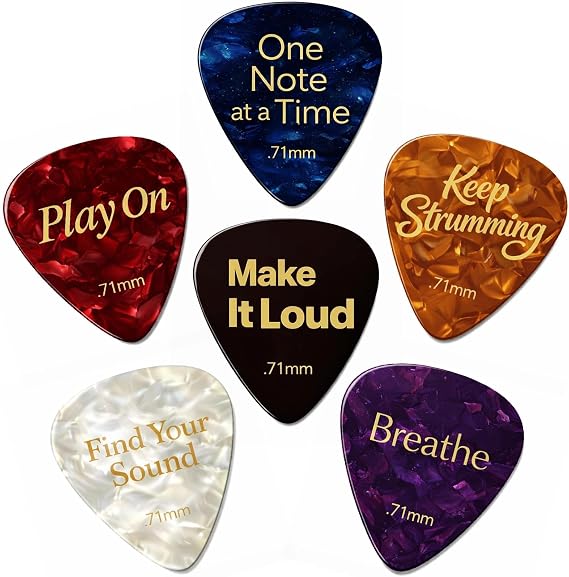 Celluloid Guitar Picks Medium .71mm Guitar Gifts – 6 Plectrums 6 Moods with Inspirational Messages "Keep Strumming" "Play On" "Breathe" – Acoustic Electric Guitar Accessories Gifts Set