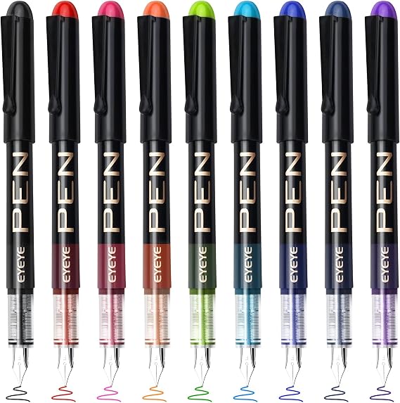 EYEYE Disposable Fountain Pens, Fine Point F Nib, 9 Pack Assorted Colours