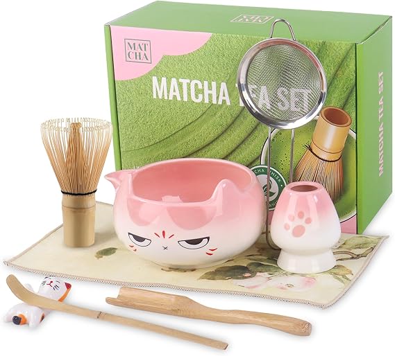 Matcha Set, 8Pcs Ceramic Matcha Whisk Set, Gifts for Women, Matcha Bowl with Cat Design and Whisk, Complete Matcha Kit for Matcha Lovers, Birthday, Anniversary