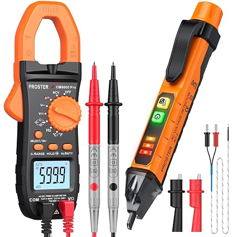 Proster Clamp Meter Non-Contact Voltage Tester Kit TRMS 6000 Counts AC/DC