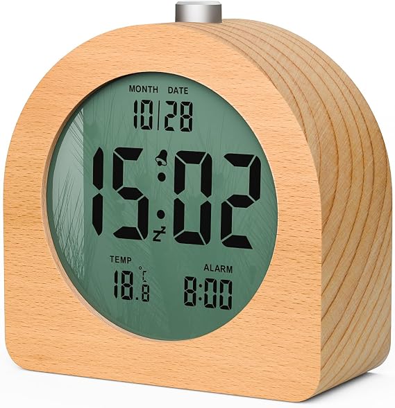 Digital Alarm Clock with LCD Display Temperature and Date, Intelligent Alarm Clock with Battery Operated Wood and Light, Snooze Function, Loud Buzzer (3 AAA Batteries Included)