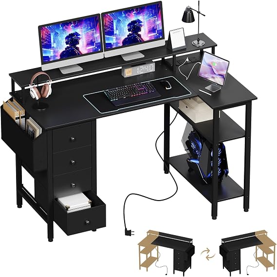 Yaheetech Corner Desk with Drawers, 120x70cm L Shaped Computer Desk with Power Outlets, Office Desk with Raised Monitor Stand, Reversible Storage Shelves for Home Office, Black