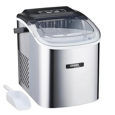 Cooks Professional 12KG Ice Maker Machine with Scoop | Countertop Ice Cube Maker for Home, Kitchen, Bar | Large Capacity 1.3L Water Tank | Quick & Easy with 2 Ice Size Options | No Plumbing | Silver
