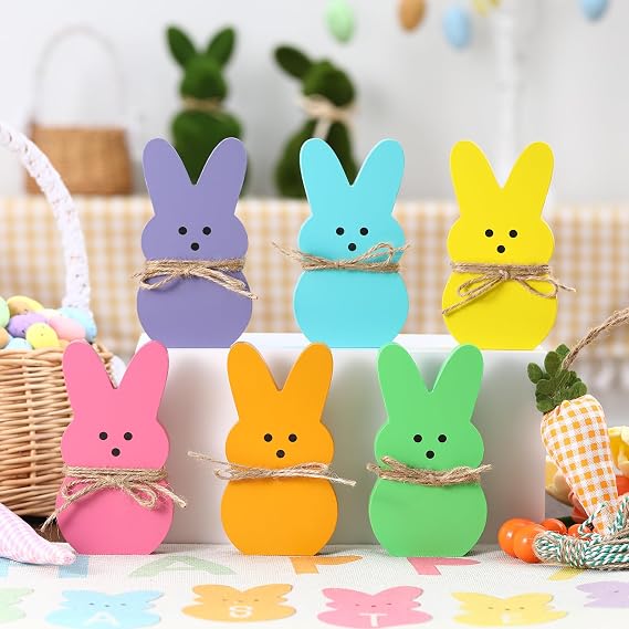 Easter Decorations- 6PCS Wooden Peeps Bunny Sign-Easter Bunny Decor for Spring Home Shelf Mantel Fireplace Table Windowsill Party Decor